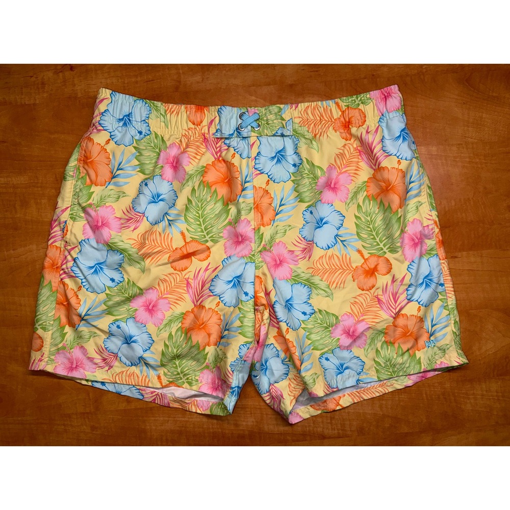 Rugged Butts Mens XL Swim Trunks Tropical Hibiscus Floral Board Shorts Yellow